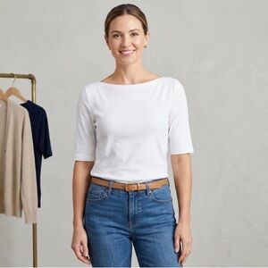 Charter Club Pima Cotton Boatneck Top White Elbow Sleeve Tee Size M Minimalist